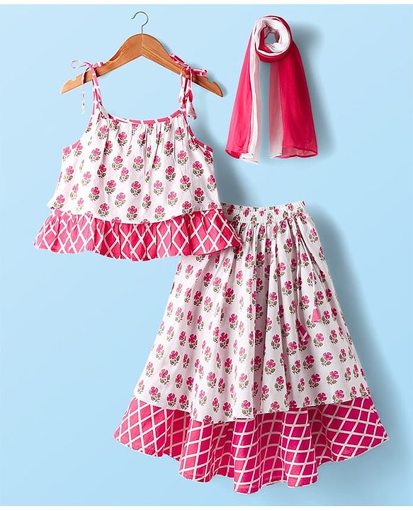 Babyhug 100% Cotton Sleeveless Floral Cambric Printed Lehenga & Choli Set With Dupatta - Pink & White