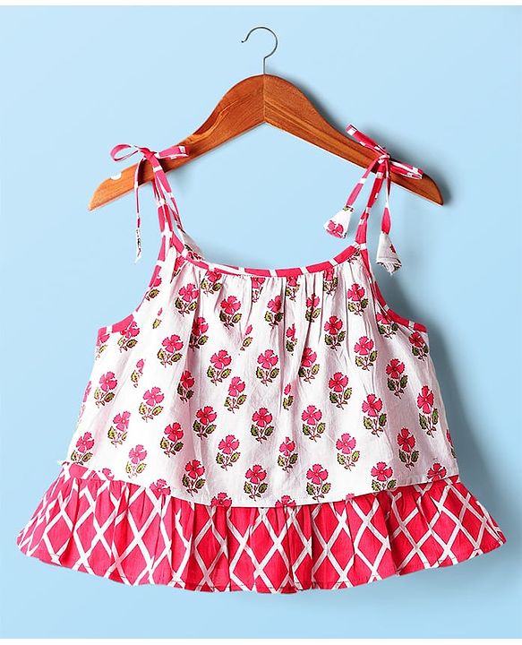 Babyhug 100% Cotton Sleeveless Floral Cambric Printed Lehenga & Choli Set With Dupatta - Pink & White