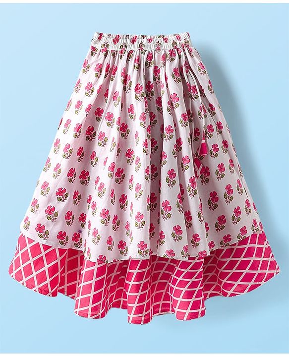 Babyhug 100% Cotton Sleeveless Floral Cambric Printed Lehenga & Choli Set With Dupatta - Pink & White