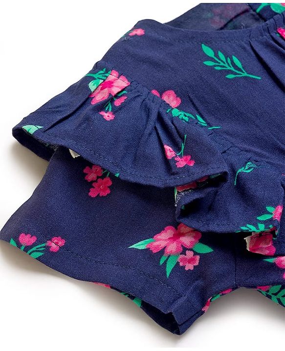 Babyhug Cotton Woven Half Sleeves Frock with Floral Print - Navy Blue
