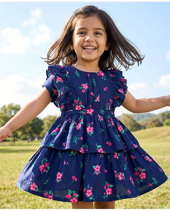 Babyhug Cotton Woven Half Sleeves Frock with Floral Print - Navy Blue