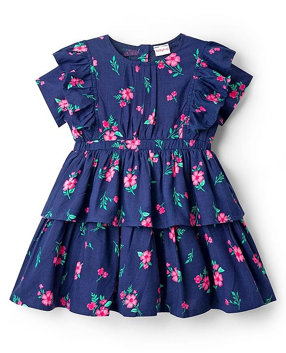 Babyhug Cotton Woven Half Sleeves Frock with Floral Print - Navy Blue