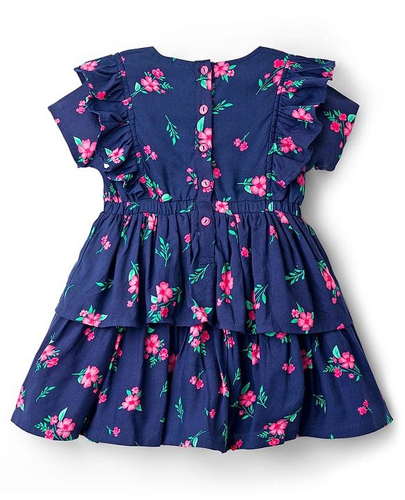 Babyhug Cotton Woven Half Sleeves Frock with Floral Print - Navy Blue