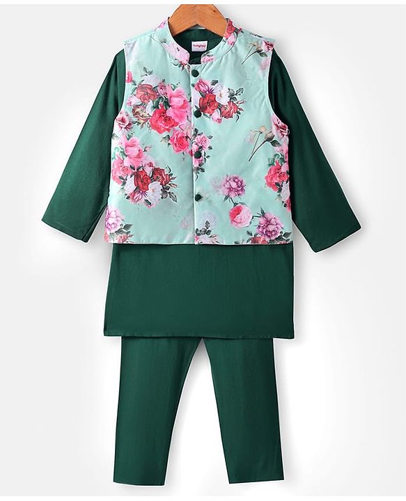 Babyhug Woven Full Sleeves Kurta Pajama Set With Printed Jacket - Green