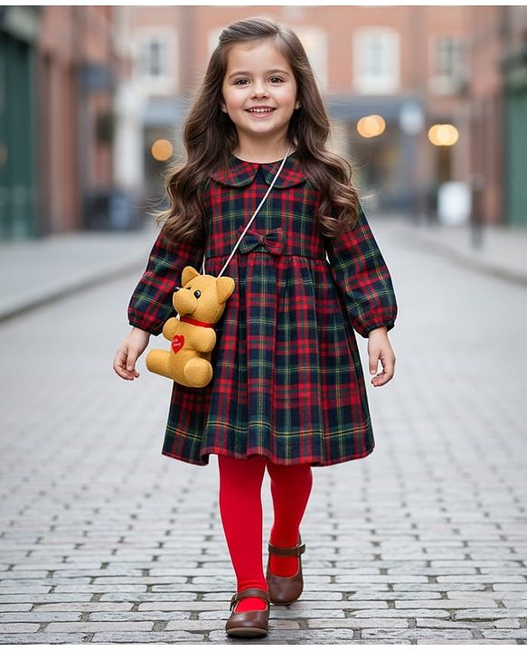 Babyhug Cotton Woven Full Sleeves Checkered Tiered Frock With Legging & Teddy Sling  - Red