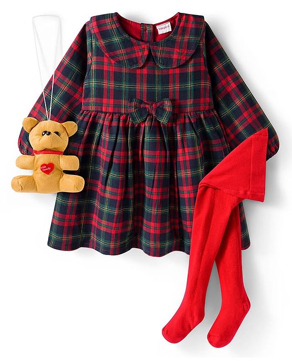 Babyhug Cotton Woven Full Sleeves Checkered Tiered Frock With Legging & Teddy Sling  - Red