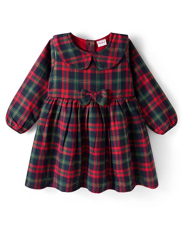 Babyhug Cotton Woven Full Sleeves Checkered Tiered Frock With Legging & Teddy Sling  - Red
