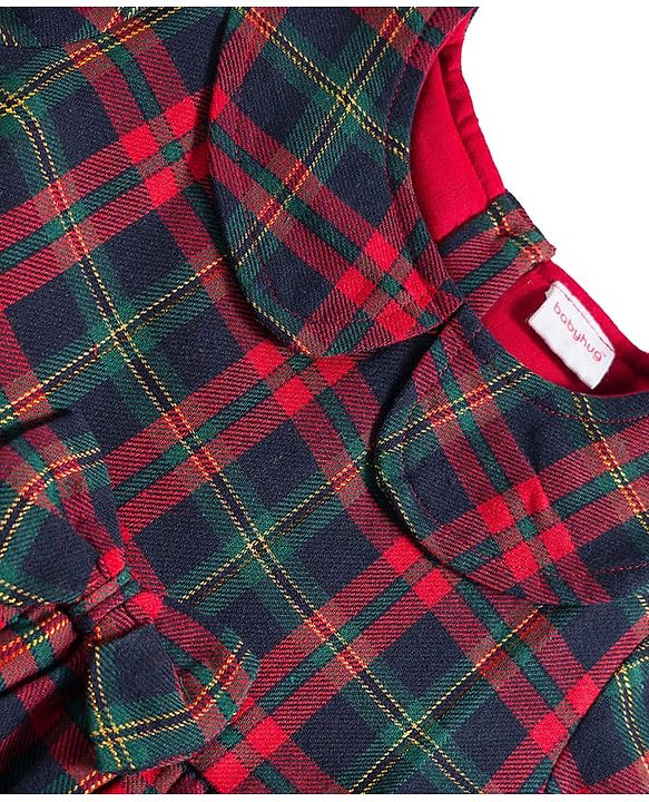 Babyhug Cotton Woven Full Sleeves Checkered Tiered Frock With Legging & Teddy Sling  - Red
