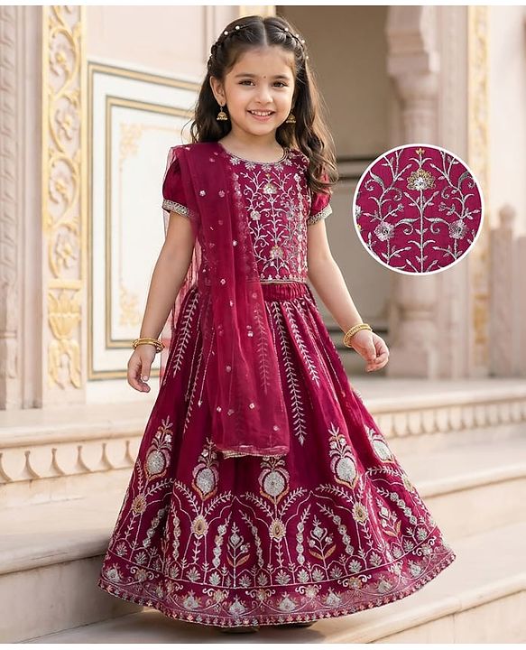 Babyhug Woven Half Sleeves Choli Lehenga & Dupatta Set With Floral Embroidery - Fuchsia