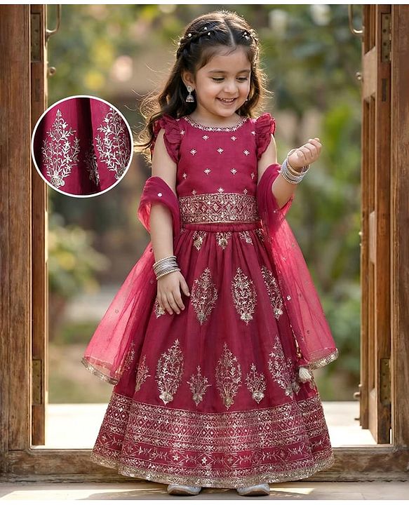 Babyhug Woven Frill Sleeves Choli Lehenga With Dupatta Set & Floral Embroidered - Maroon