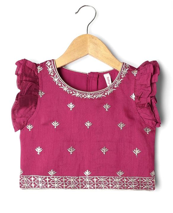 Babyhug Woven Frill Sleeves Choli Lehenga With Dupatta Set & Floral Embroidered - Maroon