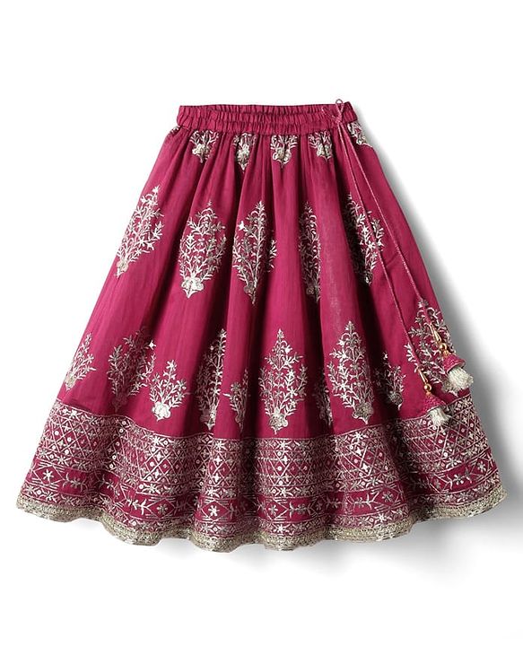 Babyhug Woven Frill Sleeves Choli Lehenga With Dupatta Set & Floral Embroidered - Maroon