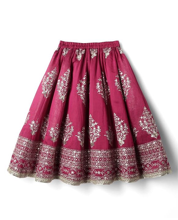 Babyhug Woven Frill Sleeves Choli Lehenga With Dupatta Set & Floral Embroidered - Maroon