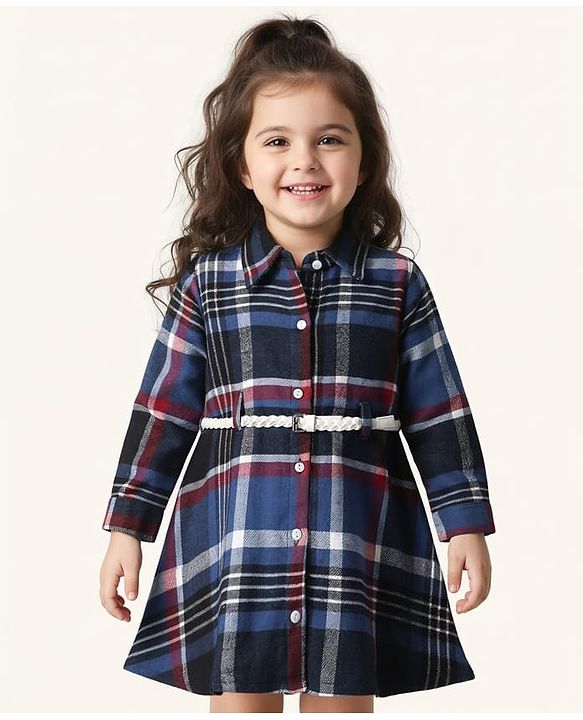 Babyhug Cotton Woven Full Sleeves Checkered Shirt Dress with Belt - Multicolor