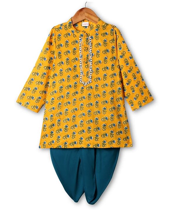 Babyhug Cotton Woven Full Sleeves Kurta Dhoti Set With Floral Print - Mustard