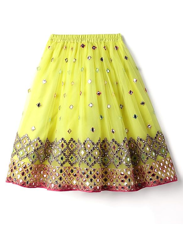 Babyhug Woven Puffed Sleeves Choli Lehenga & Dupatta Set With Mirror Embriodery - Yellow