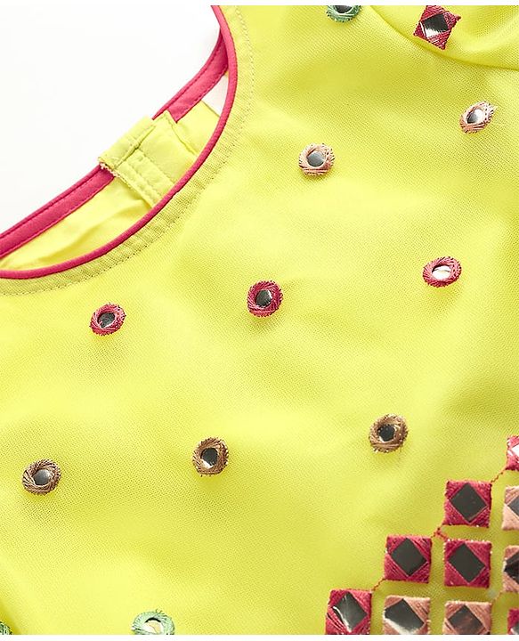 Babyhug Woven Puffed Sleeves Choli Lehenga & Dupatta Set With Mirror Embriodery - Yellow