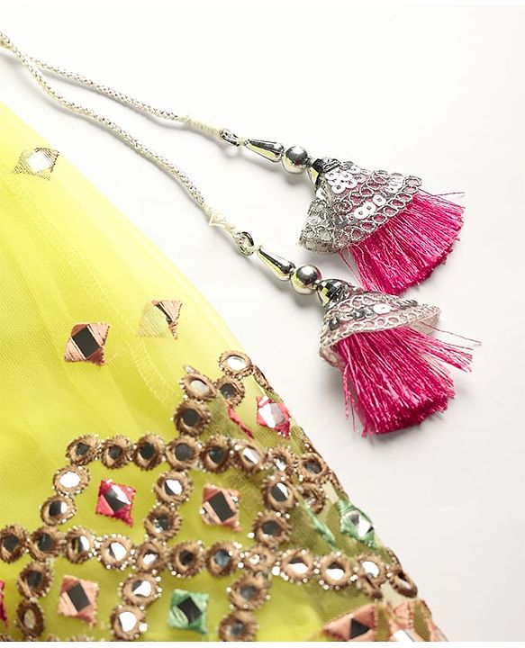 Babyhug Woven Puffed Sleeves Choli Lehenga & Dupatta Set With Mirror Embriodery - Yellow