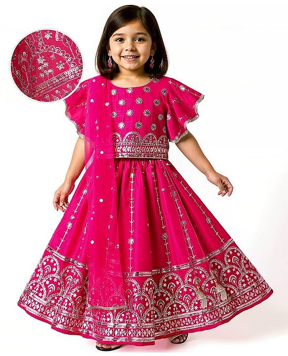 Babyhug Woven Sleeveless Choli & Lehenga with Dupatta Floral Thread Work & Sequin Detailing - Light Green & Pink main image 1