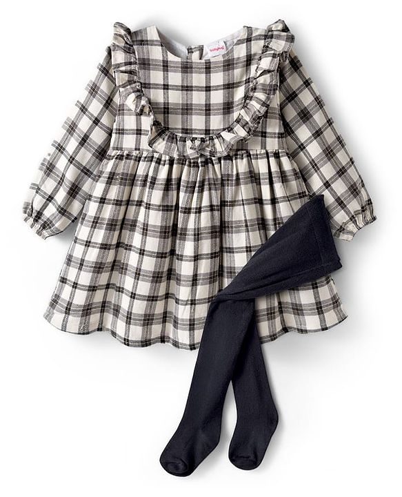 Babyhug Cotton Woven Full Sleeves Checkered Frock With Legging & Frill Detailing - Black