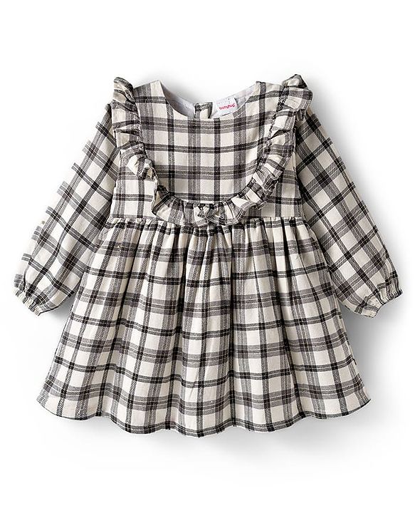Babyhug Cotton Woven Full Sleeves Checkered Frock With Legging & Frill Detailing - Black