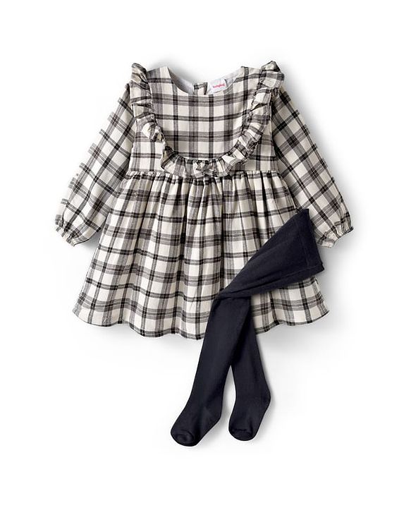 Babyhug Cotton Woven Full Sleeves Checkered Frock With Legging & Frill Detailing - Black