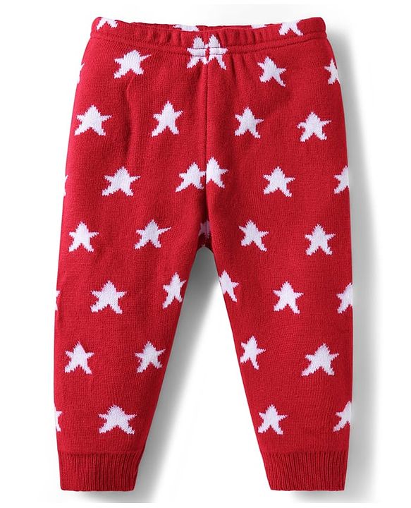 Babyhug Sweater Knit Full Length Woolen Bottom With Star Print - Red