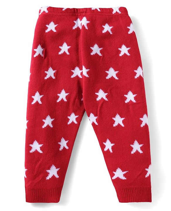 Babyhug Sweater Knit Full Length Woolen Bottom With Star Print - Red