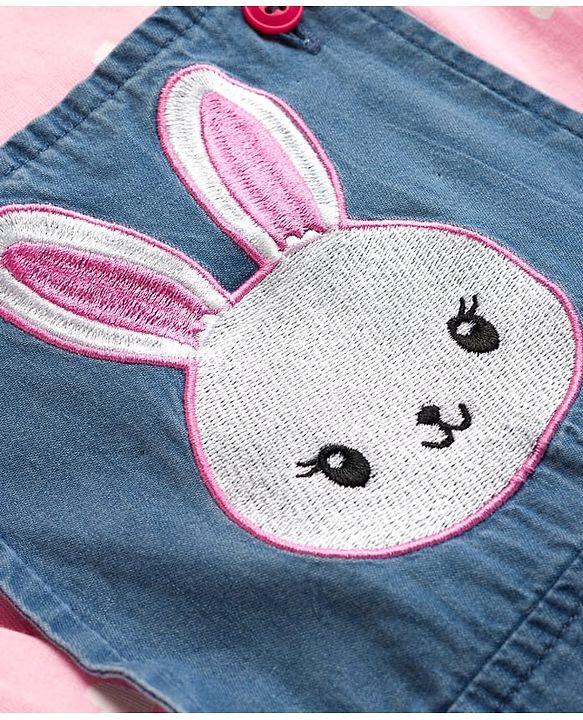 Babyhug Cotton Woven Frock with Full Sleeves Heart Printed Top & Bunny Embroidery - Blue
