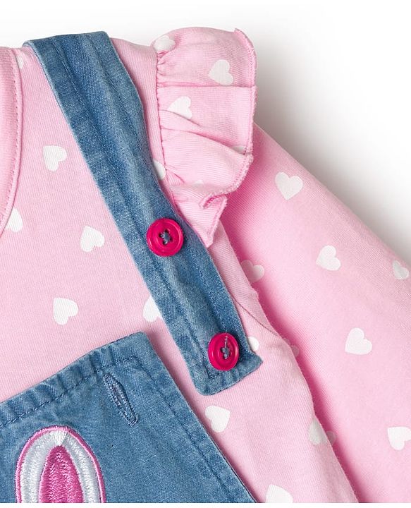 Babyhug Cotton Woven Frock with Full Sleeves Heart Printed Top & Bunny Embroidery - Blue