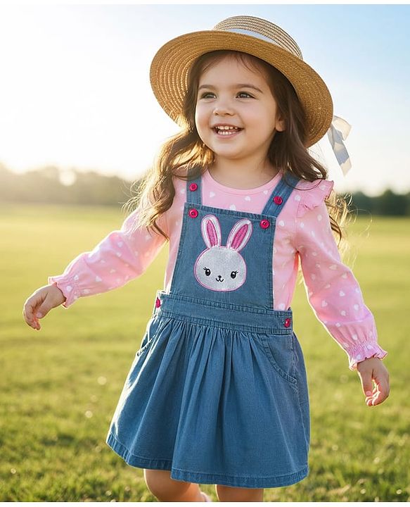 Babyhug Cotton Woven Frock with Full Sleeves Heart Printed Top & Bunny Embroidery - Blue