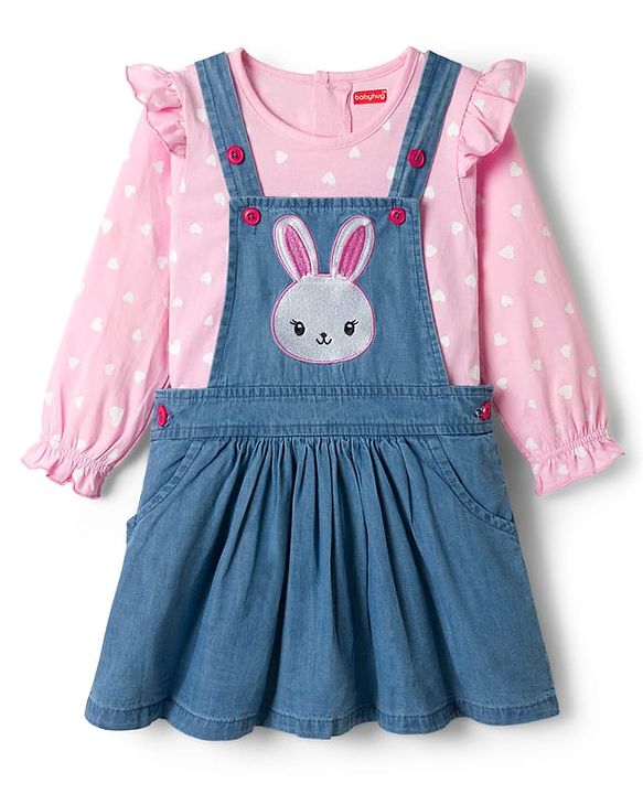 Babyhug Cotton Woven Frock with Full Sleeves Heart Printed Top & Bunny Embroidery - Blue