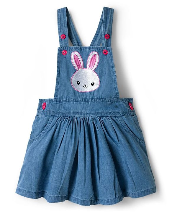 Babyhug Cotton Woven Frock with Full Sleeves Heart Printed Top & Bunny Embroidery - Blue