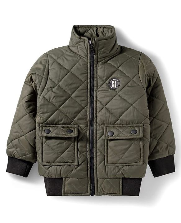 Pine Kids Woven Full Sleeves Solid Quilted Jacket - Olive Green