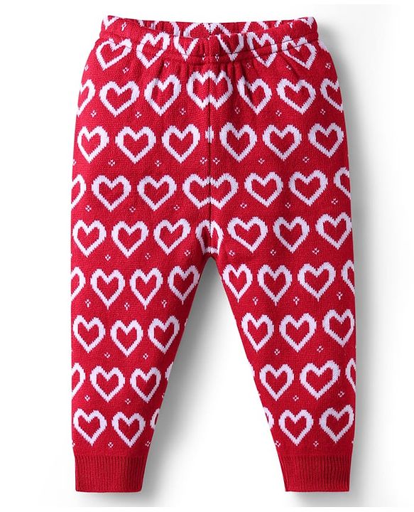 Babyhug Sweater Knit Full Length Woollen Bottom With Heart Print - Red