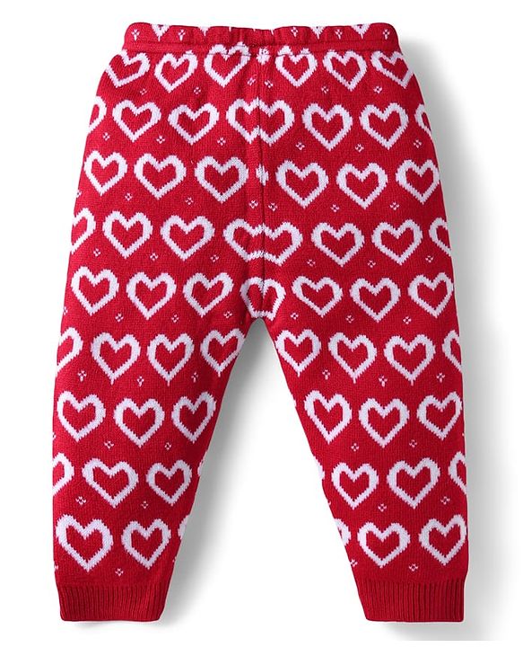 Babyhug Sweater Knit Full Length Woollen Bottom With Heart Print - Red