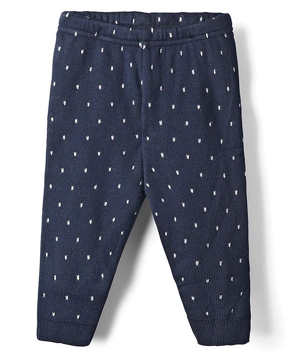 Babyhug Sweater Knit Full Length Woollen Pant With Polka Dots Design - Navy blue