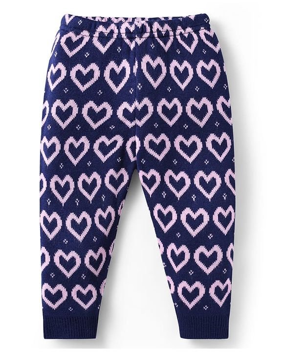 Babyhug Sweater Knit Full Length Woollen Bottom With Heart Print - Navy Blue