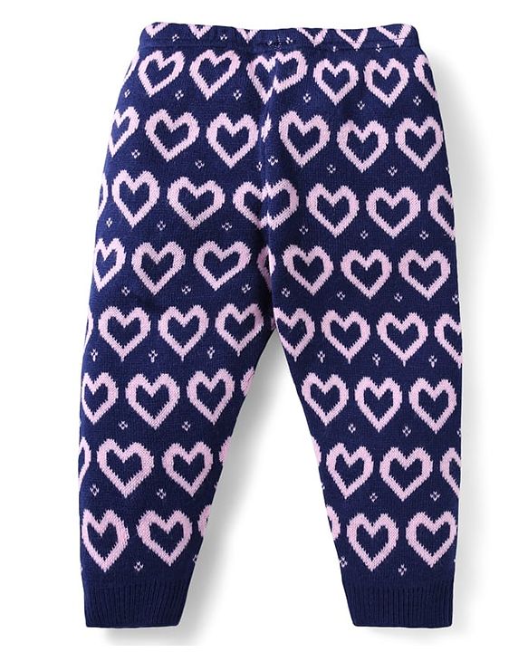 Babyhug Sweater Knit Full Length Woollen Bottom With Heart Print - Navy Blue