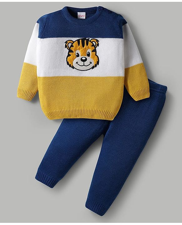 Babyhug Knit Full Sleeves Pullover Sweater Set with Tiger Patch & Color Block Detailing - Navy Blue White & Yellow