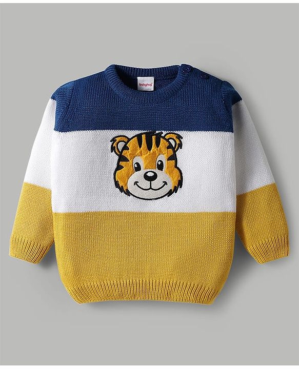 Babyhug Knit Full Sleeves Pullover Sweater Set with Tiger Patch & Color Block Detailing - Navy Blue White & Yellow