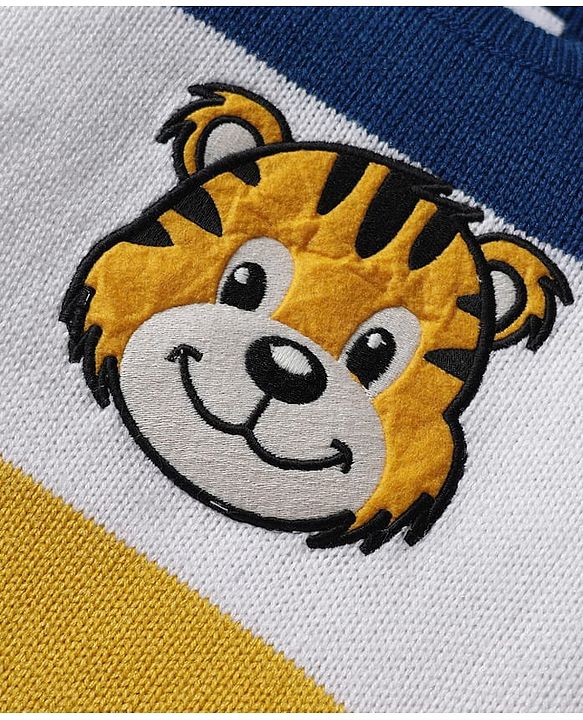 Babyhug Knit Full Sleeves Pullover Sweater Set with Tiger Patch & Color Block Detailing - Navy Blue White & Yellow