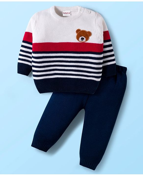 Babyhug Knitted Full Sleeves Sweater Set With Teddy Bear Patch - Red Navy Blue & White