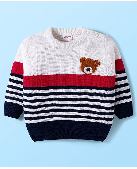 Babyhug Knitted Full Sleeves Sweater Set With Teddy Bear Patch - Red Navy Blue & White