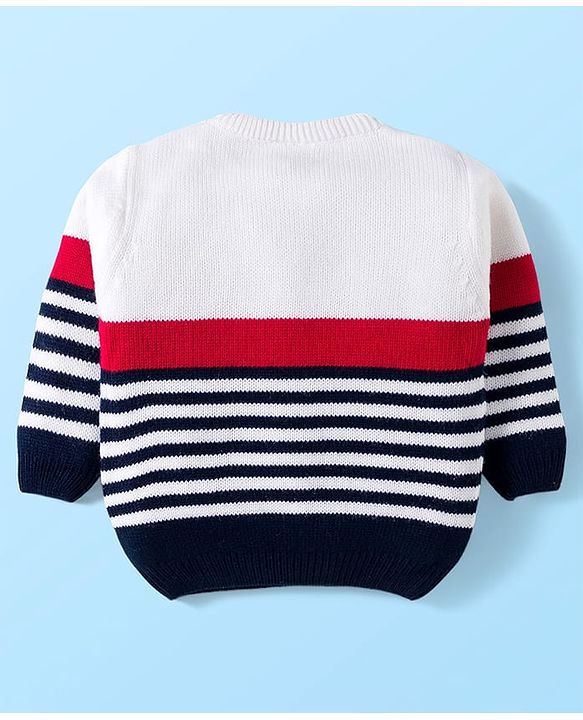 Babyhug Knitted Full Sleeves Sweater Set With Teddy Bear Patch - Red Navy Blue & White