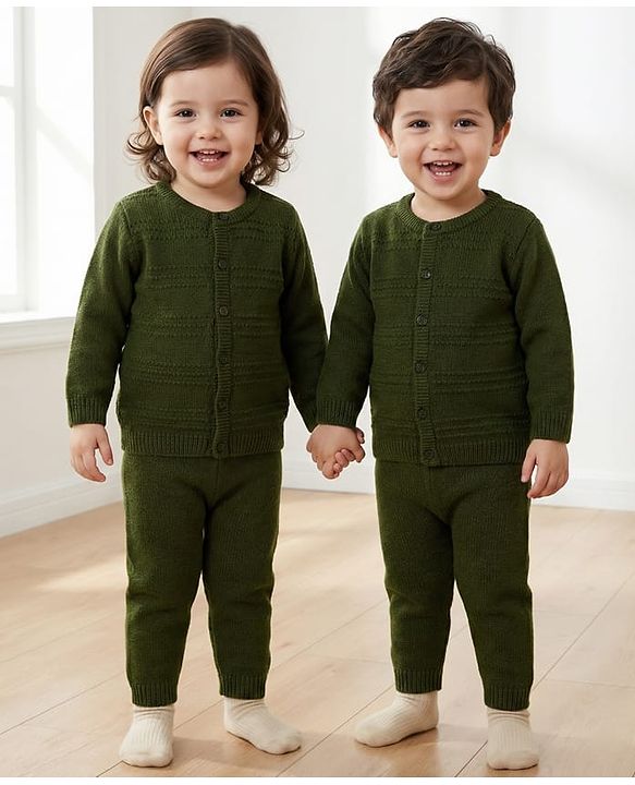 Babyhug Knit Full Sleeves Solid Color Front Open Sweater Set - Green