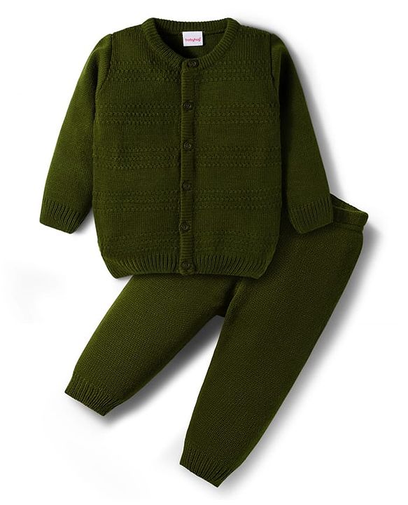 Babyhug Knit Full Sleeves Solid Color Front Open Sweater Set - Green