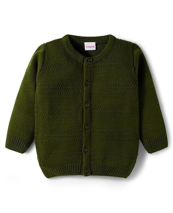 Babyhug Knit Full Sleeves Solid Color Front Open Sweater Set - Green