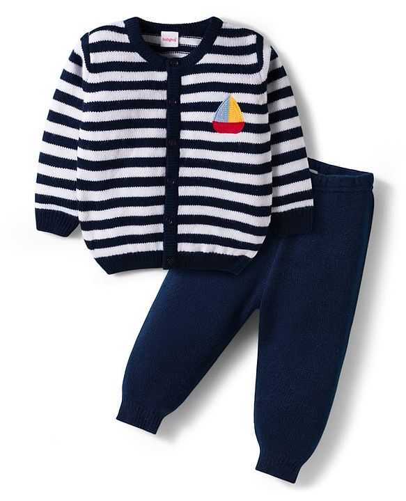 Babyhug Knit Full Sleeves Sweater  Set With Stripes - Navy Blue