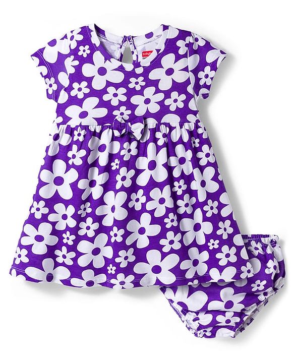 Babyhug Cotton Knit Half Sleeves Frock With Floral Print & Bloomer - Purple